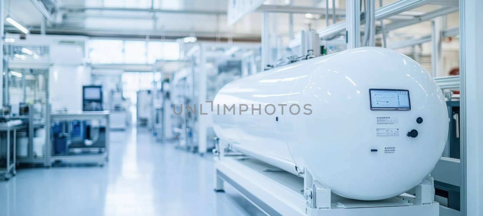 White storage tank with digital display inside a sterile high-tech manufacturing plant showing modern equipment and piping