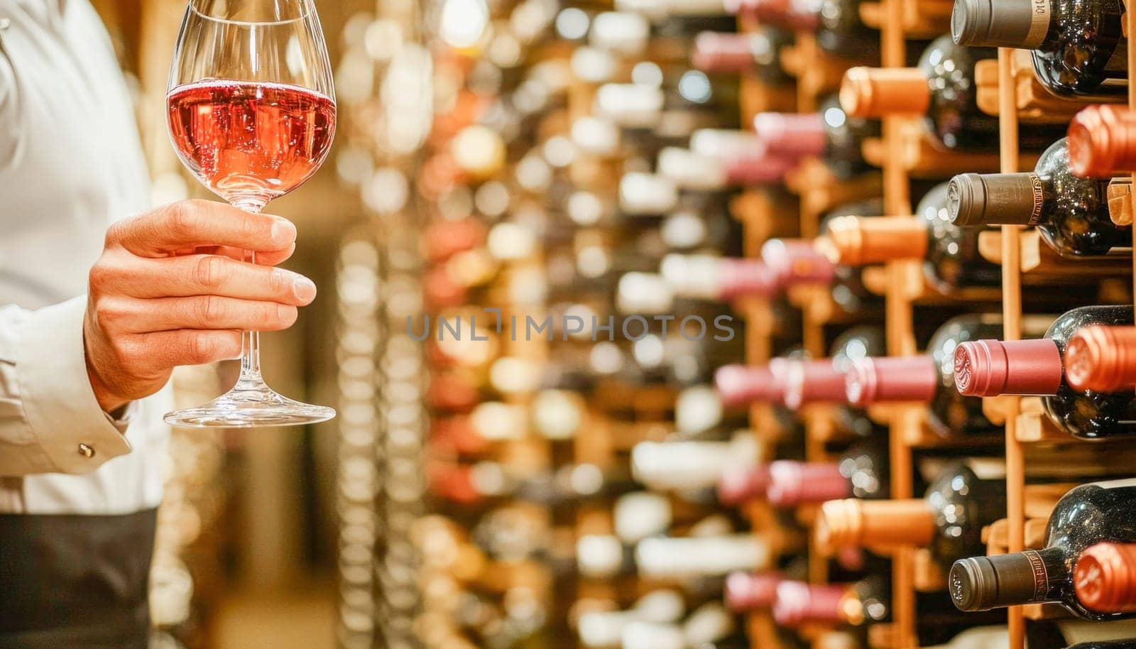 Sommelier is holding a glass of rose wine in a wine cellar with many wine bottles