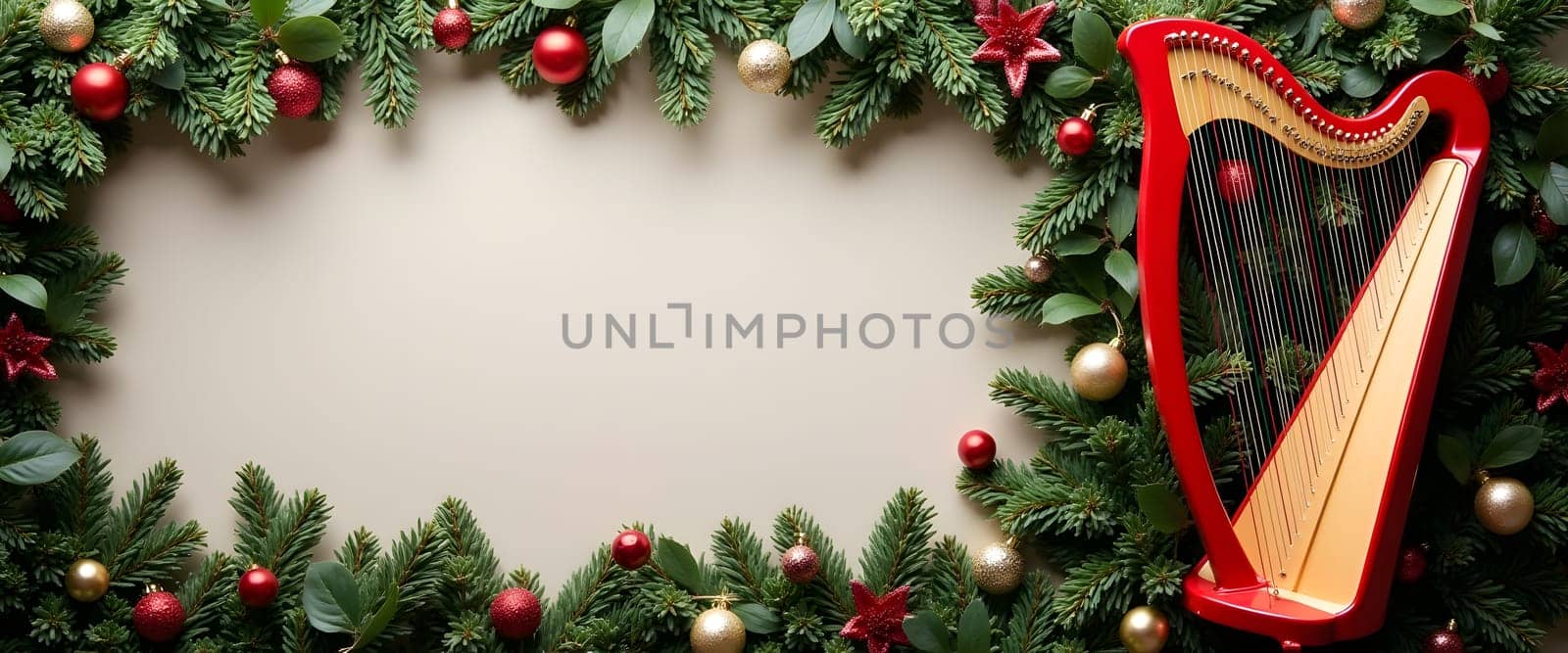 Harp with fir branches, ornaments, and holiday lights creating cozy Christmas feel