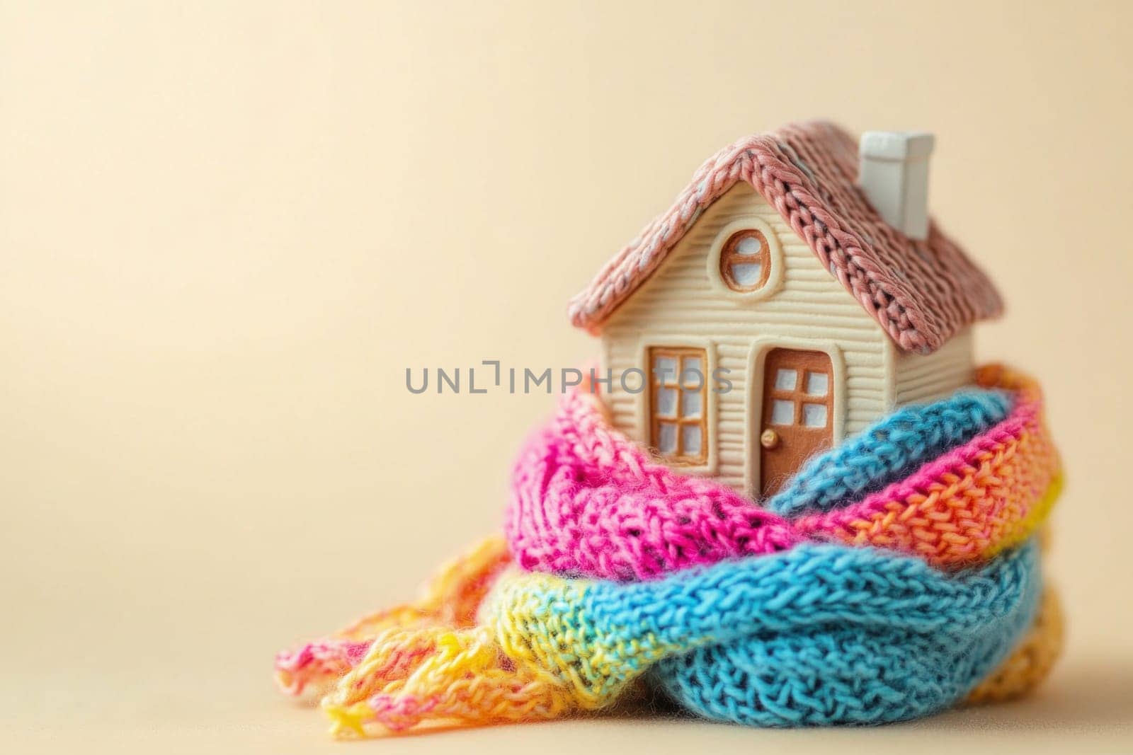 Miniature house wrapped in a vibrant, multicolored scarf, conveying the concepts of home insulation, energy efficiency, and winter warmth