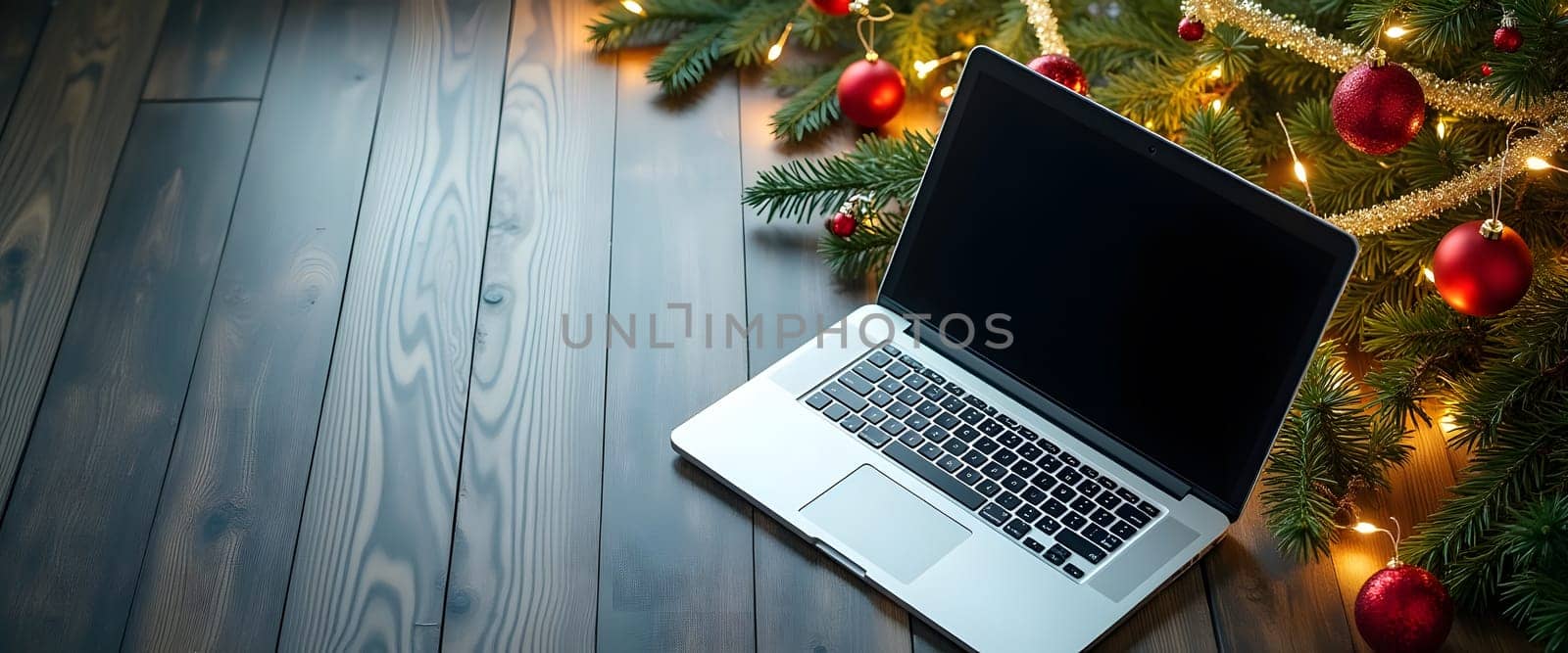Laptop with fir branches, ornaments, and lights for a cozy Christmas ambiance