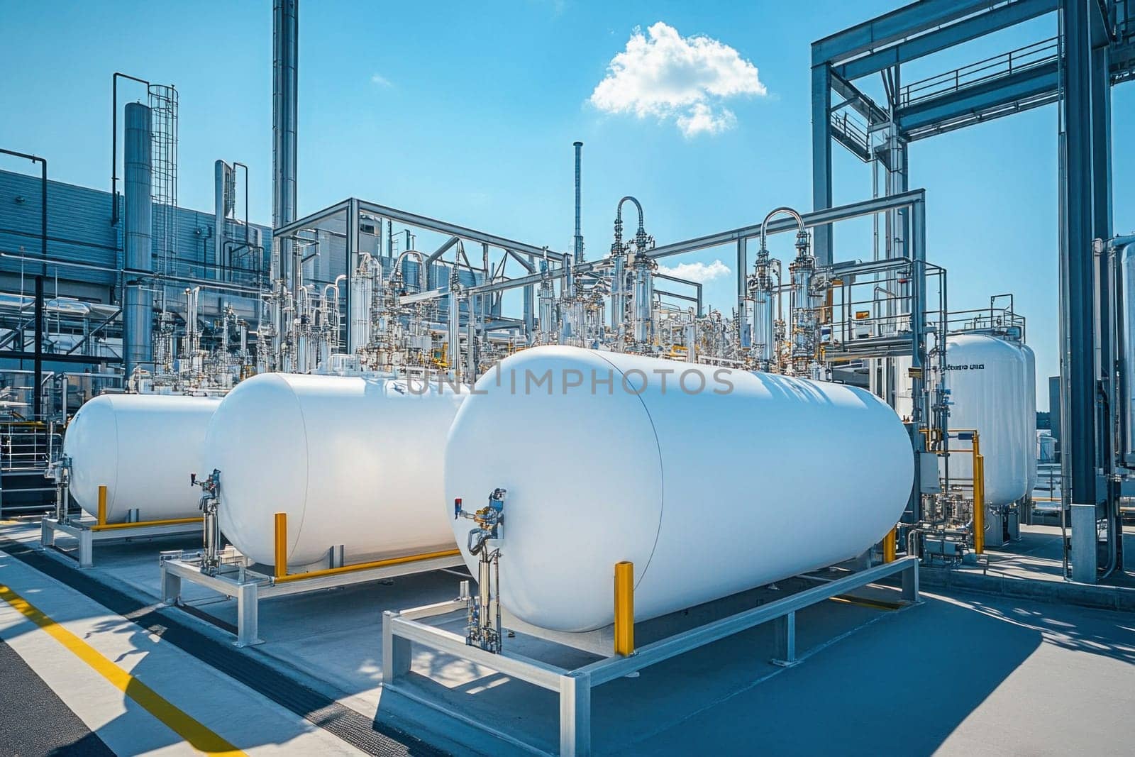 Large white tanks and intricate piping dominate a chemical plant, hinting at complex processes