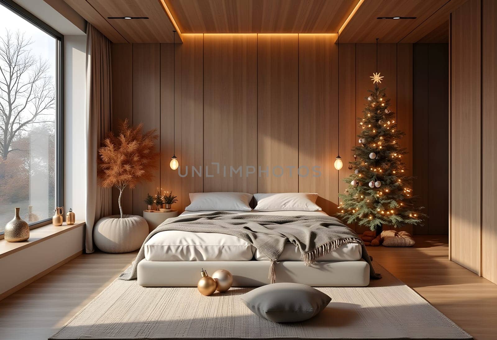Bedroom with large window, Scandinavian minimalism, Christmas tree in corner, wooden tones
