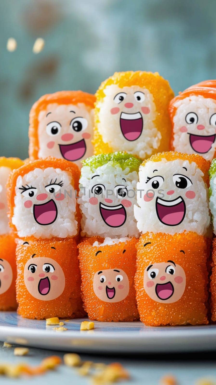 Sushi rolls with funny cartoon faces expressing joy and happiness, arranged on a plate