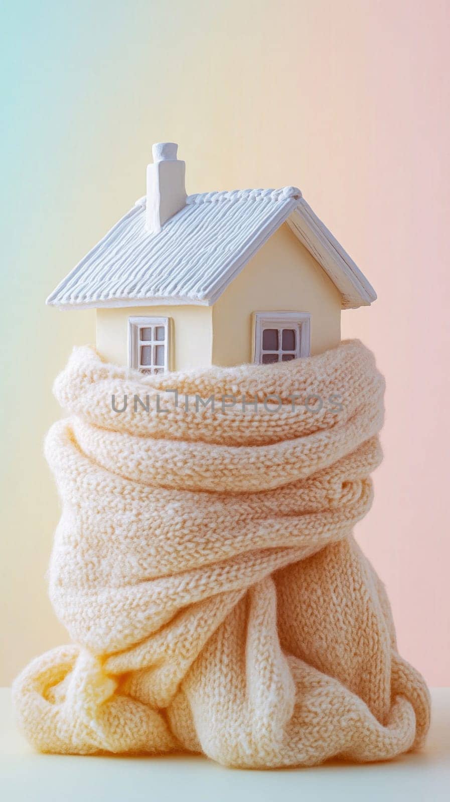 Small house model wrapped in a warm scarf, representing energy efficiency, home insulation, and winter comfort