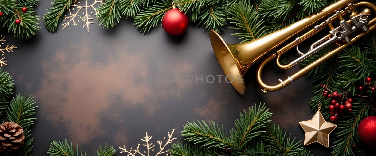 Trumpet with fir branches, ornaments, and lights creating cozy Christmas atmosphere