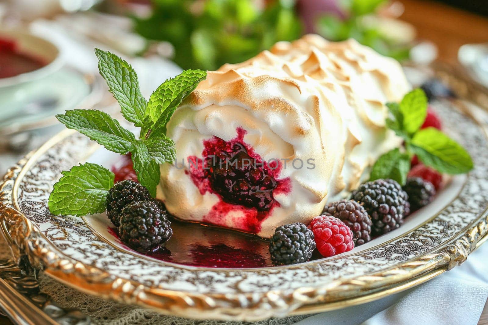 Meringue-covered baked alaska dessert sitting on an ornate vintage plate and topped with fresh mint and berry sauce