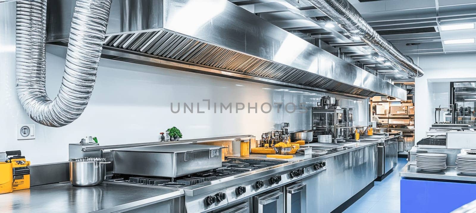 Industrial kitchen featuring a powerful exhaust hood and ventilation system maintaining a healthy and clean cooking environment