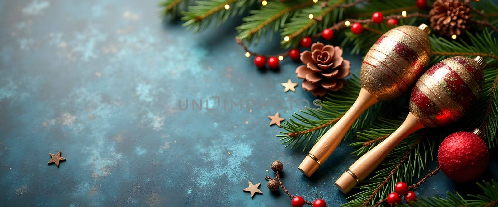 Maracas with fir branches, ornaments, and lights for a cozy Christmas ambiance