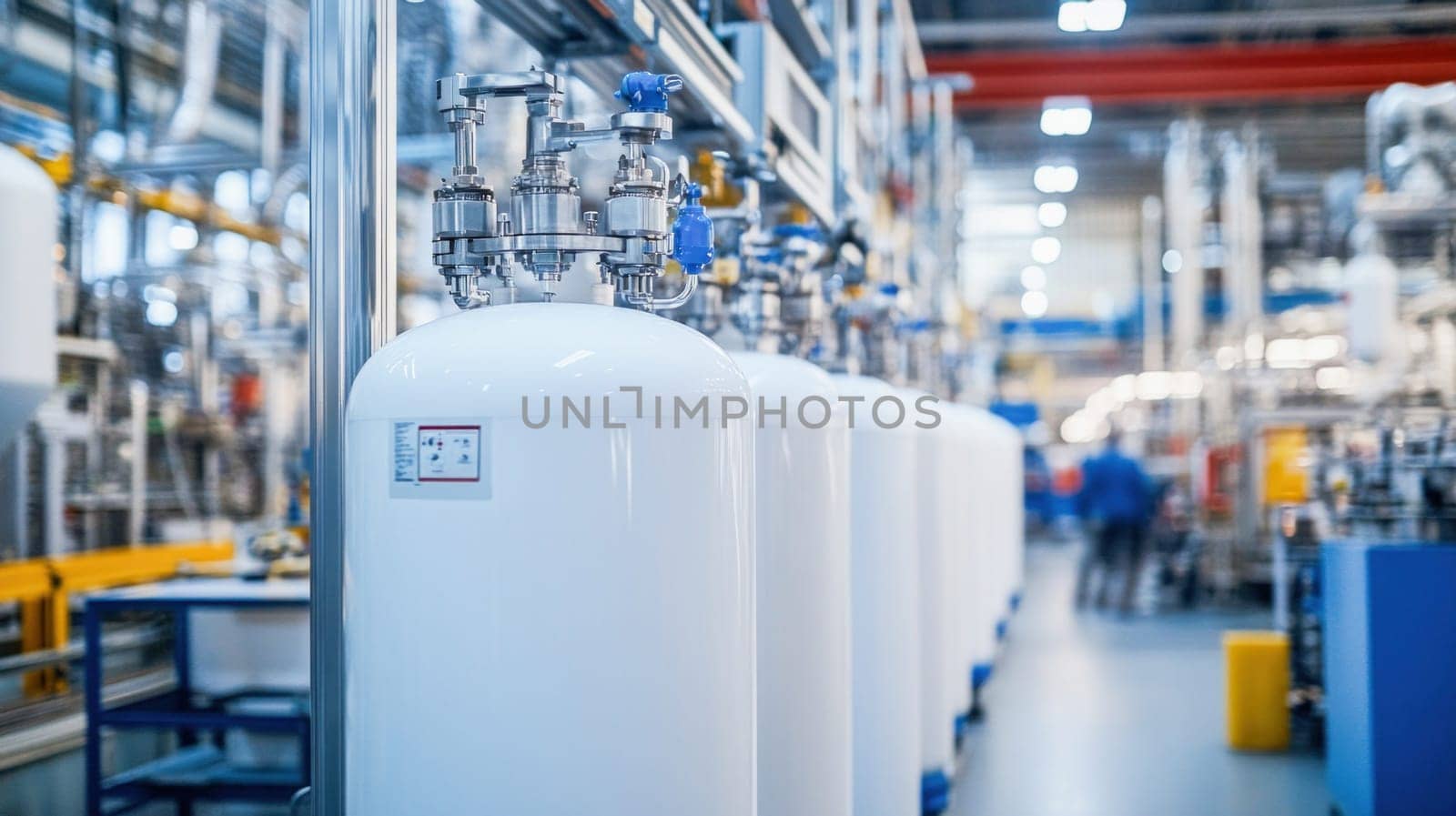 Production line of white tanks connected with pipes and valves in modern factory