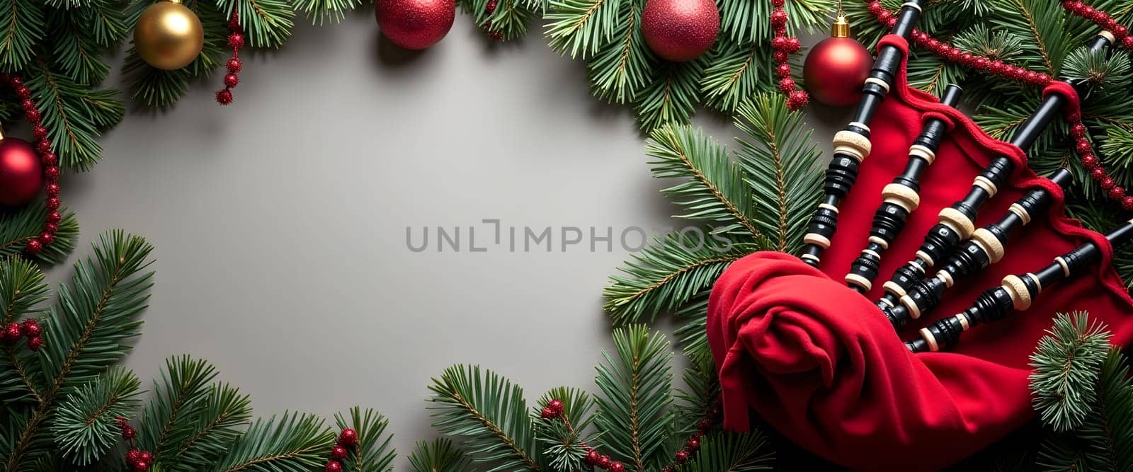 Bagpipe with fir branches, ornaments, and holiday lights for cozy Christmas ambiance