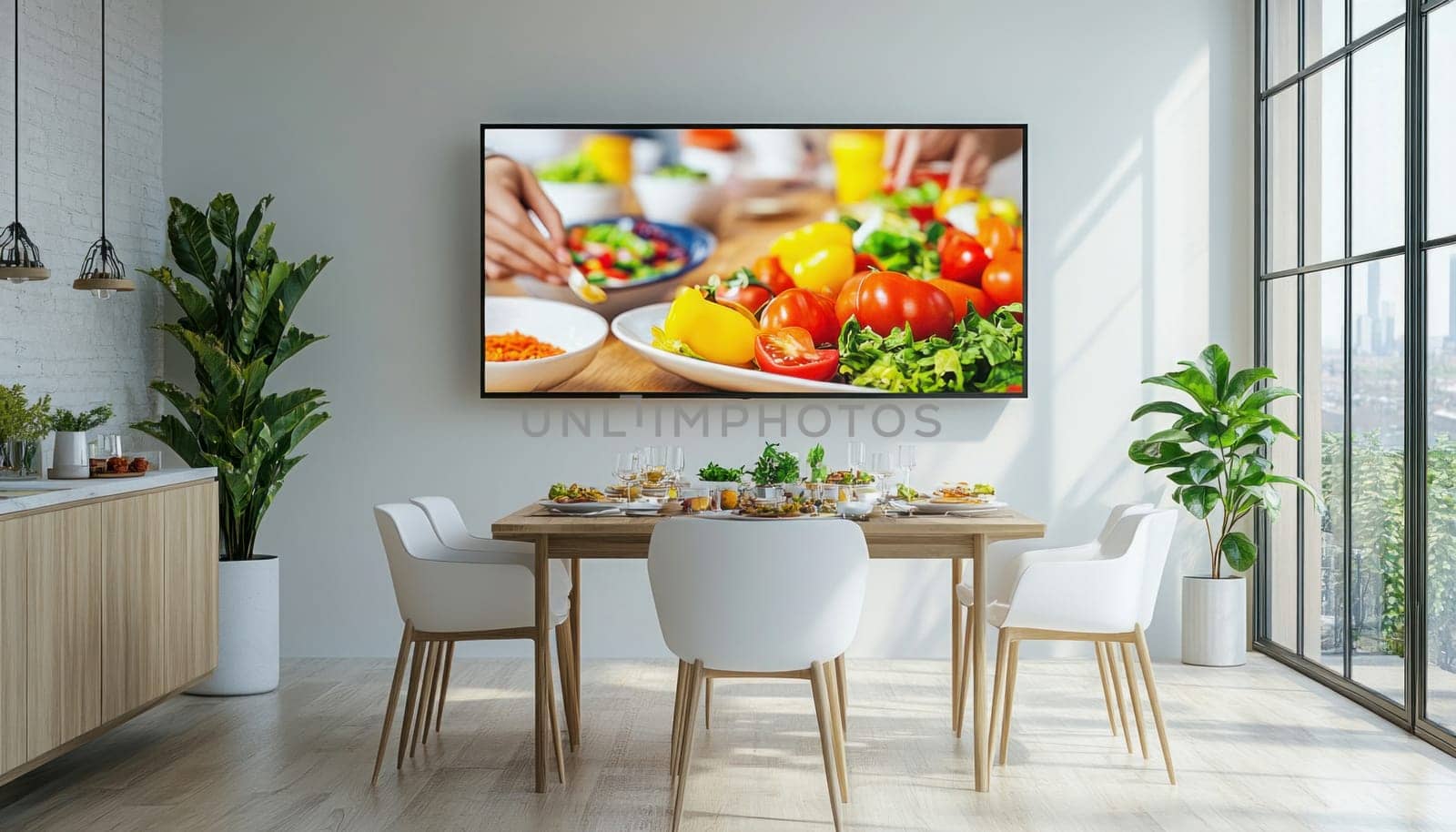 Wide screen television showing cooking show in modern dining room with wooden table and white chairs