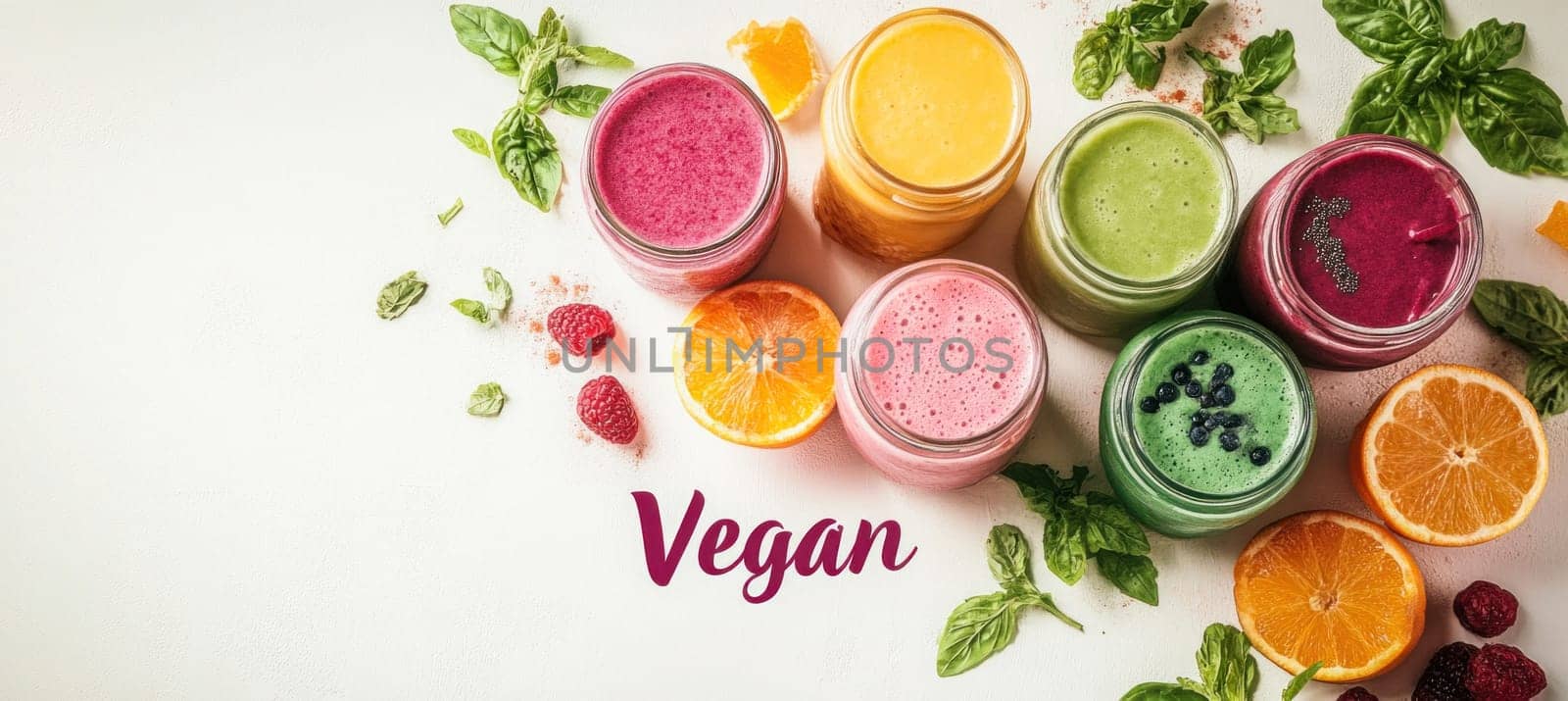 Vibrant vegan smoothies surrounded by fresh fruits, berries, and herbs, embodying a healthy and vibrant lifestyle