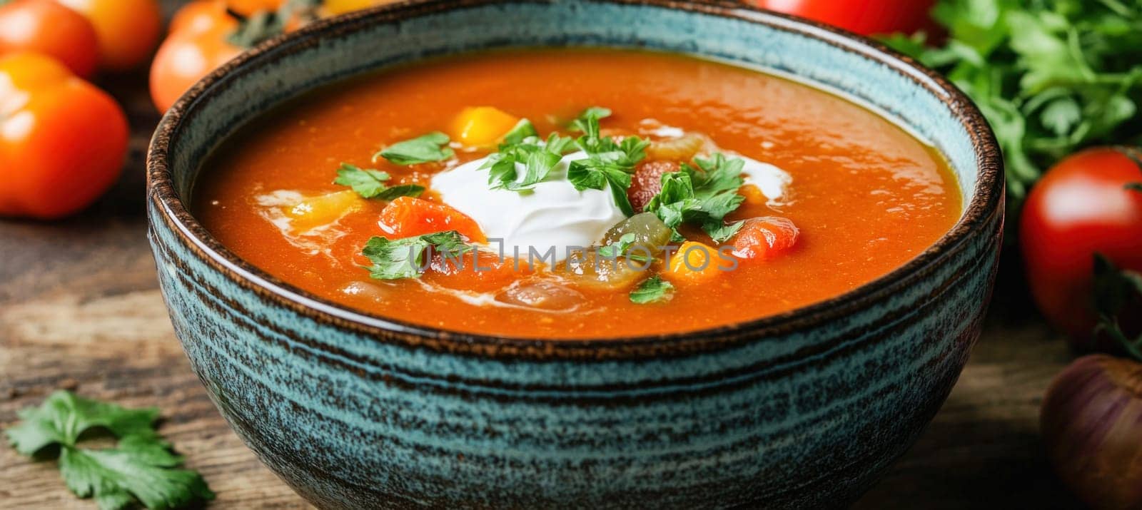 Fresh tomato soup with sour cream and parsley is served in a bowl on a rustic wooden table