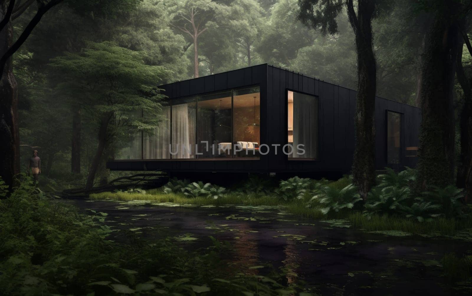 Beautiful modern modular home with wild nature in the background. Modern architecture.