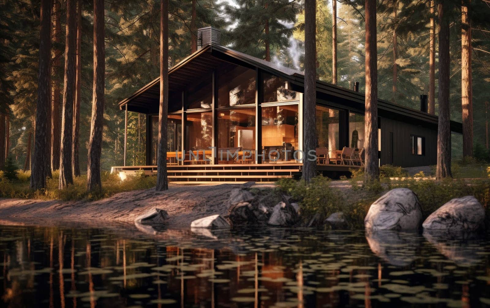 Beautiful modern modular home with wild nature in the background. Modern architecture.