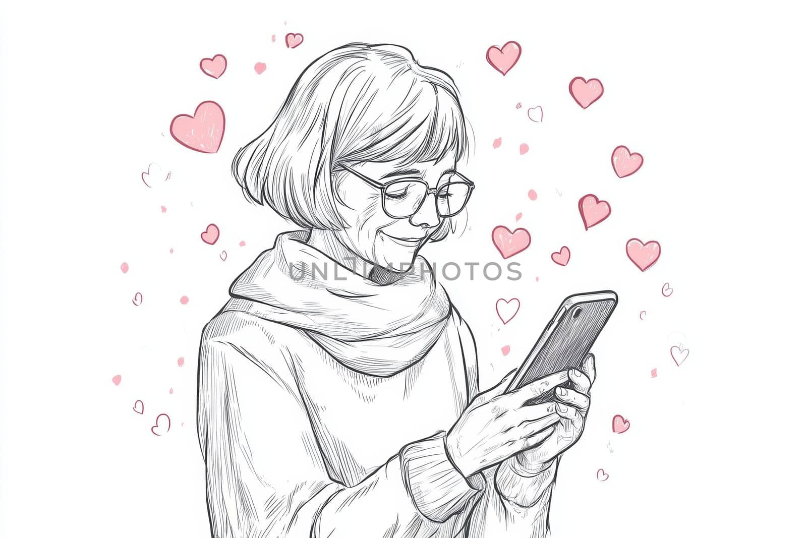 An elderly woman with a phone in her hands on a white background. High quality photo