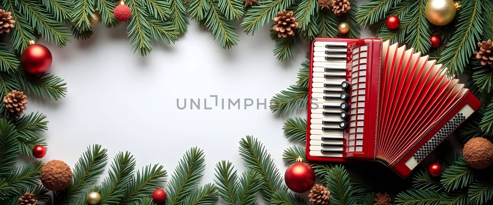 Accordion with festive fir branches, ornaments, and lights for cozy Christmas feel