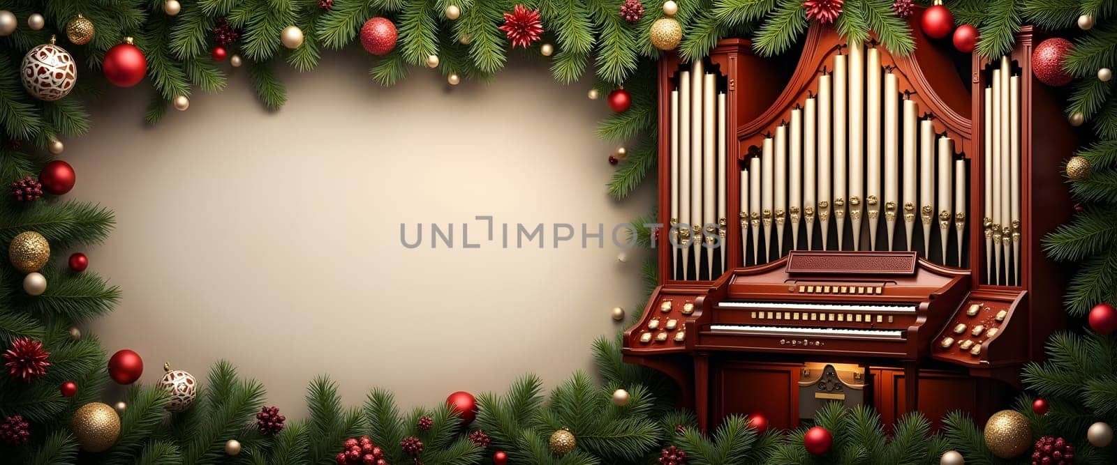 Organ with fir branches, ornaments, and Christmas lights for cozy holiday atmosphere