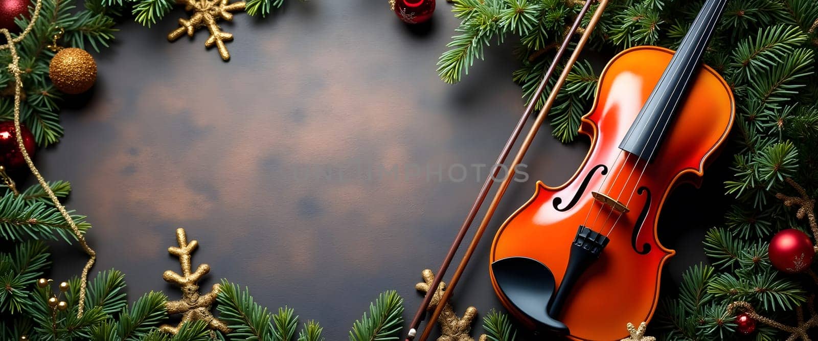 Violin with fir branches, ornaments, and holiday lights for cozy Christmas ambiance