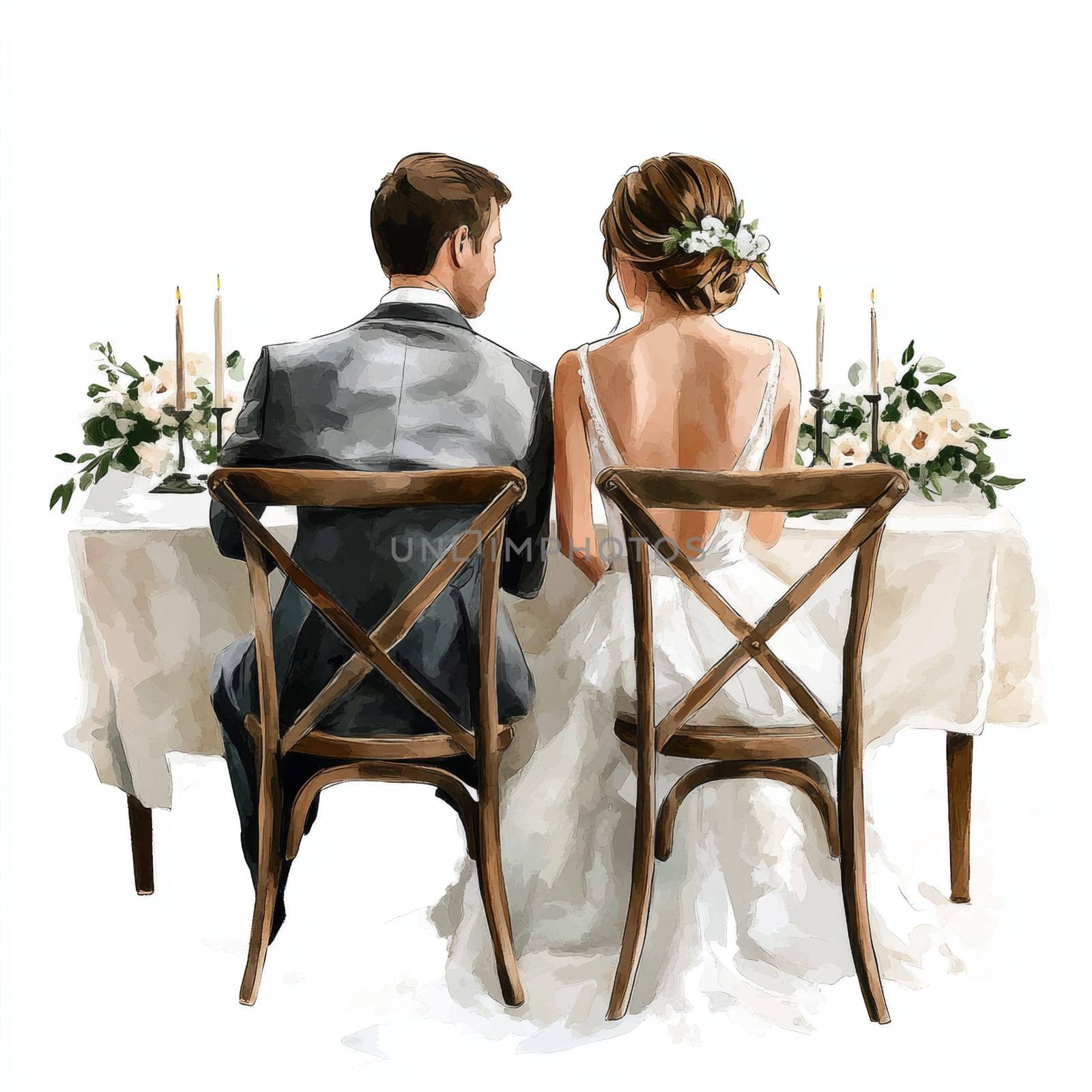 Image of the bride and groom in wedding dresses. They are sitting on chairs at the wedding table. Rear view. High quality photo
