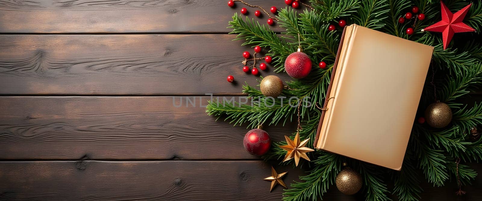 Book with fir branches, ornaments, and lights creating a cozy Christmas atmosphere
