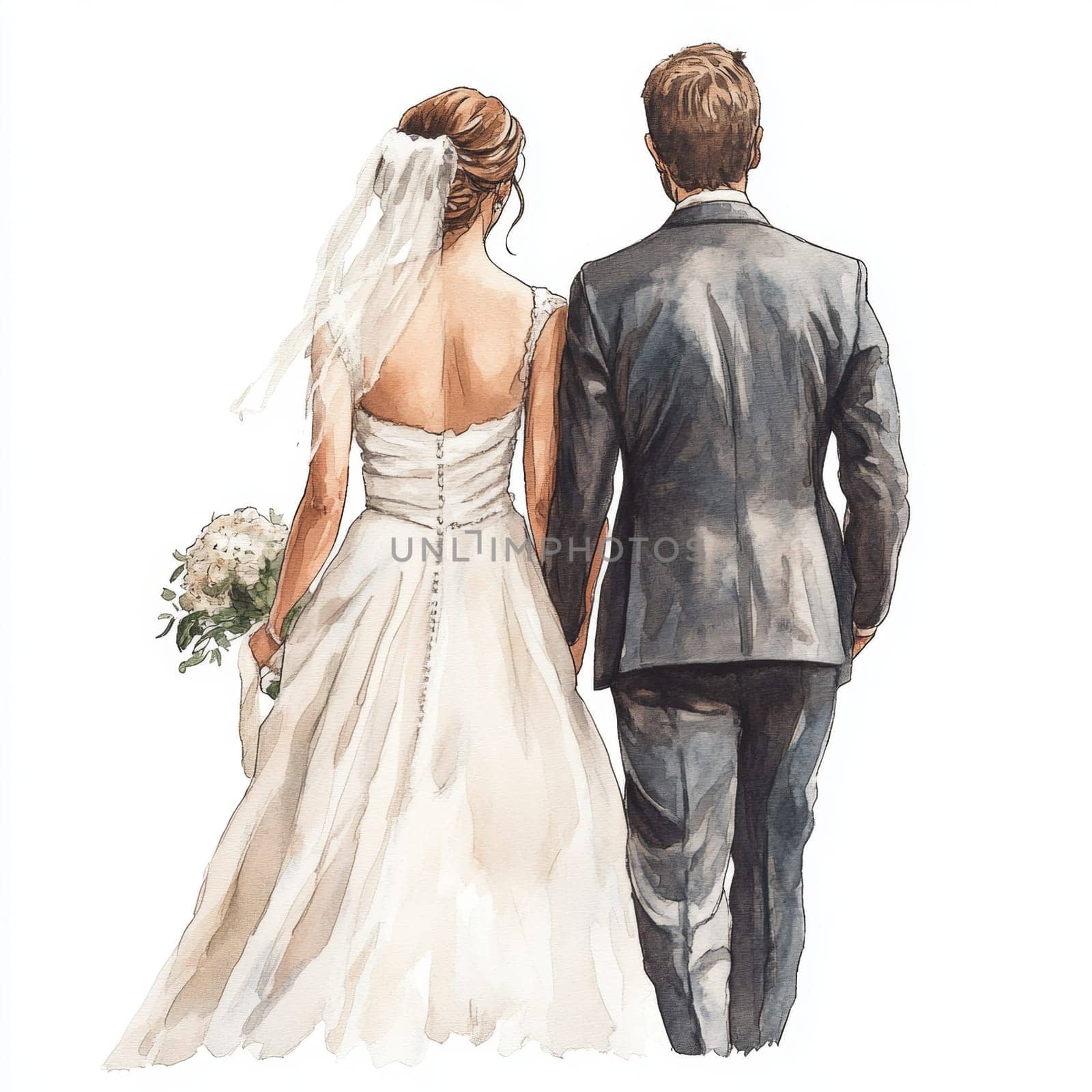 Image of the bride and groom in wedding dresses. Rear view. High quality photo