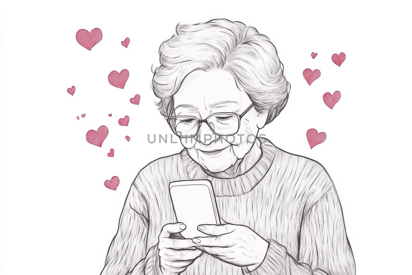 An elderly woman with a phone in her hands on a white background. High quality photo