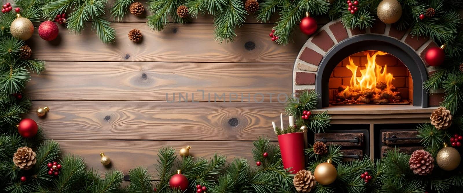 Wood stove with fir branches, ornaments, and lights creating cozy Christmas warmth