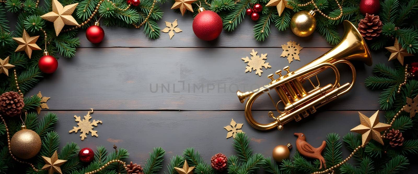 Trumpet with fir branches, ornaments, and lights creating cozy Christmas atmosphere