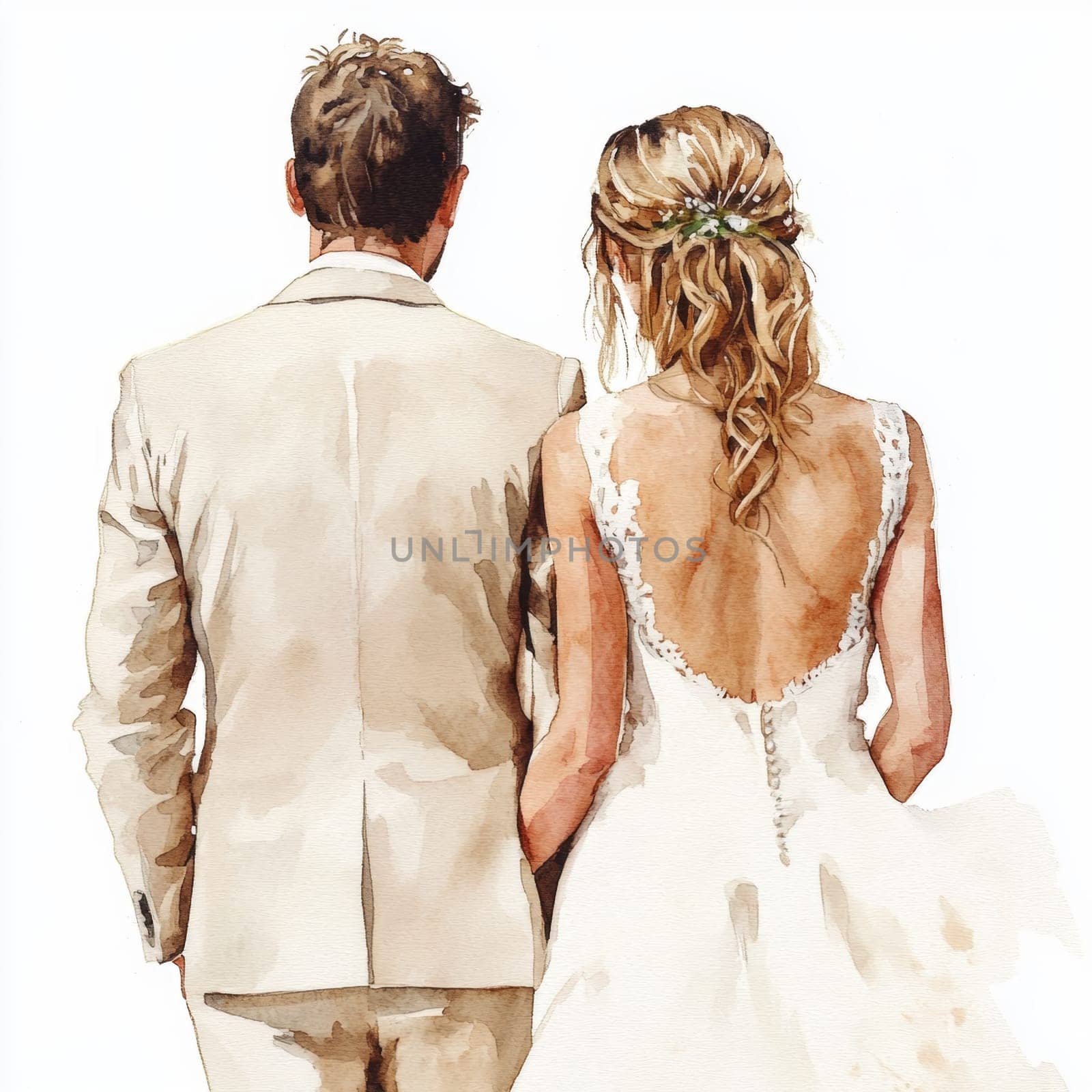 Image of the bride and groom in wedding dresses. Rear view. High quality photo