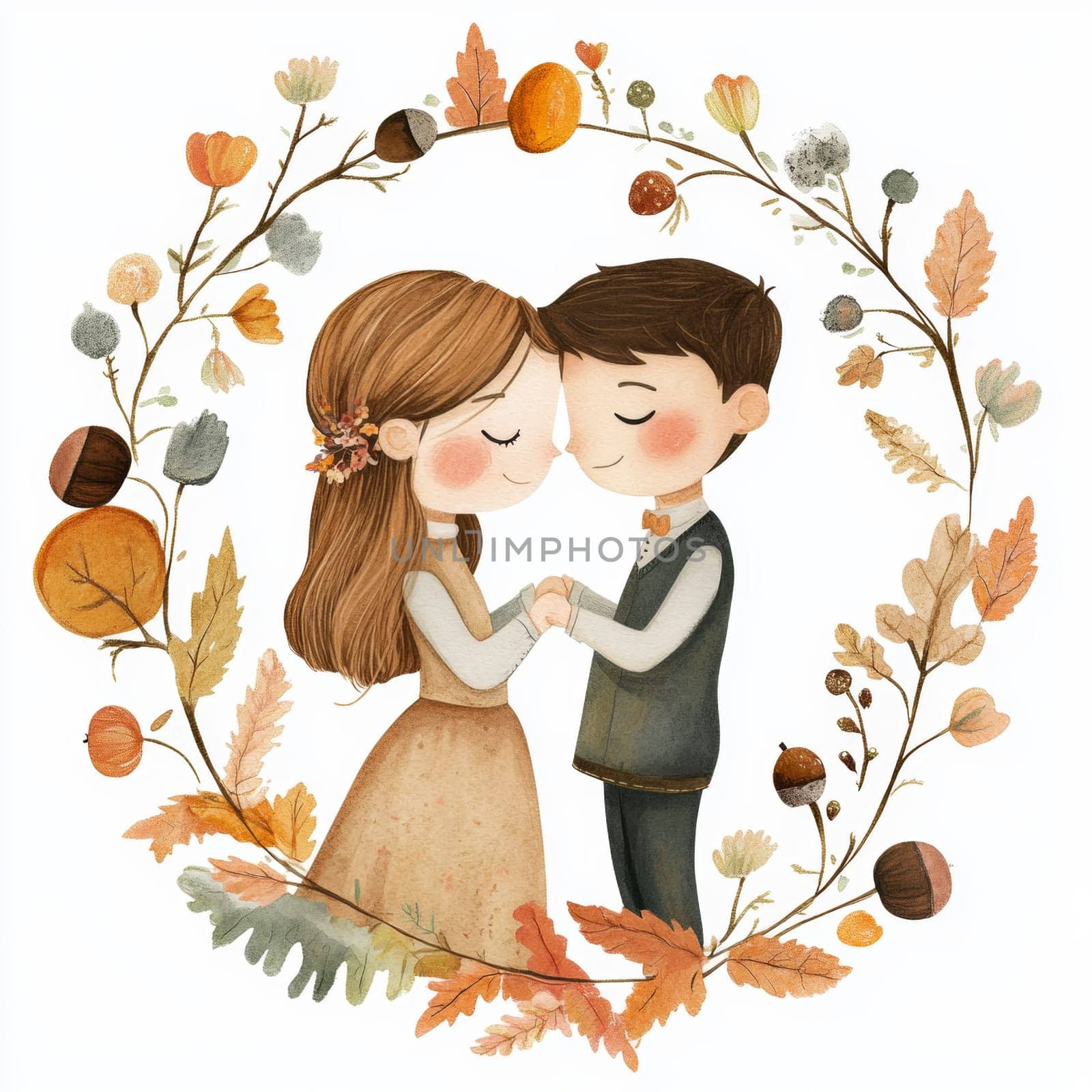 An image of a bride and groom in wedding attire, looking at each other. They are surrounded by flowers. High quality photo