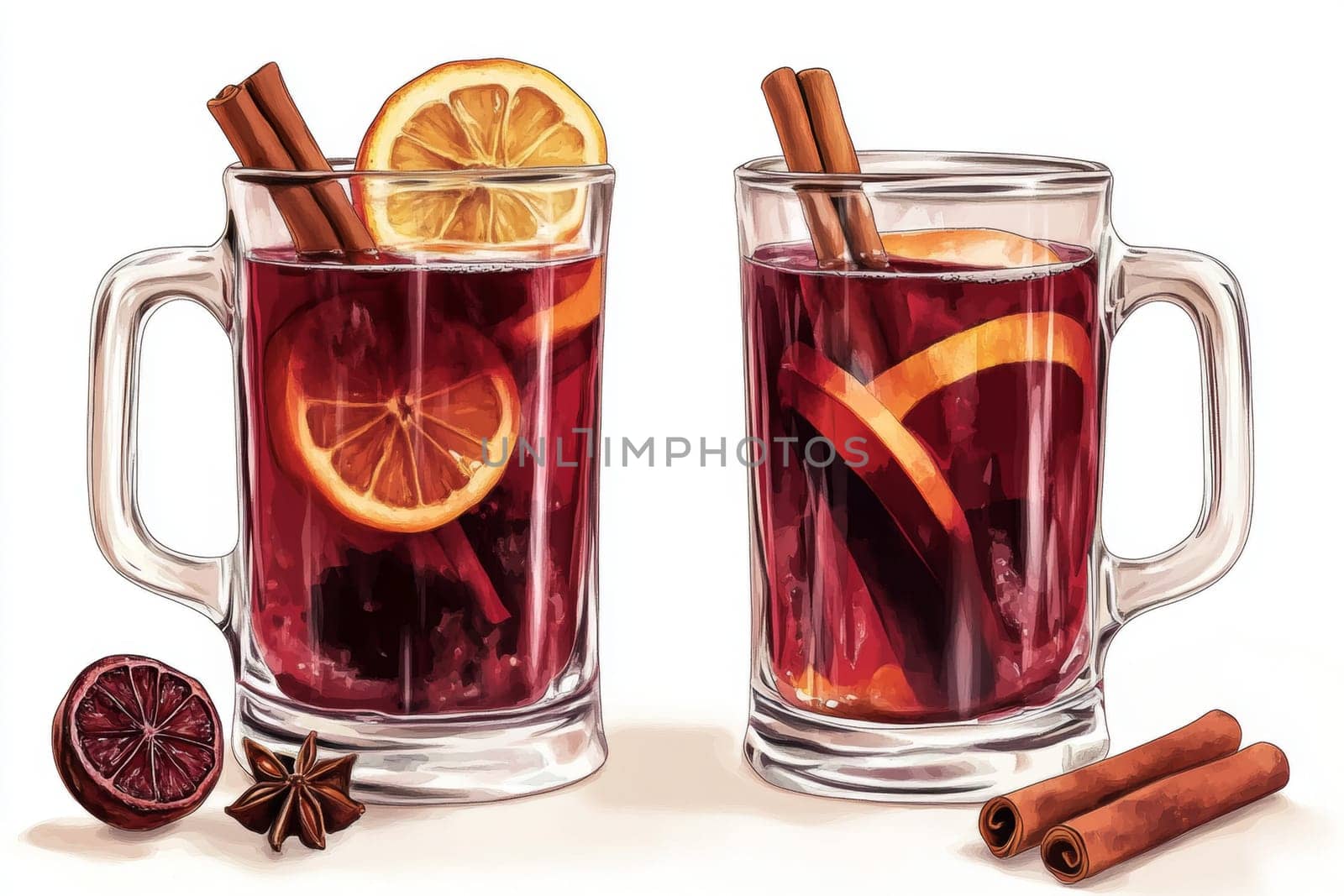 Image of two glasses of mulled wine on a white background. High quality photo