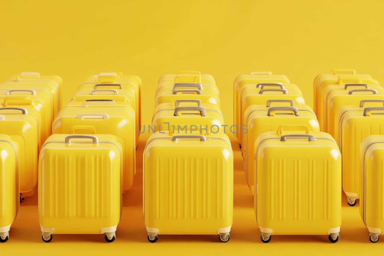 Many bright yellow suitcases on an isolated background. High quality photo