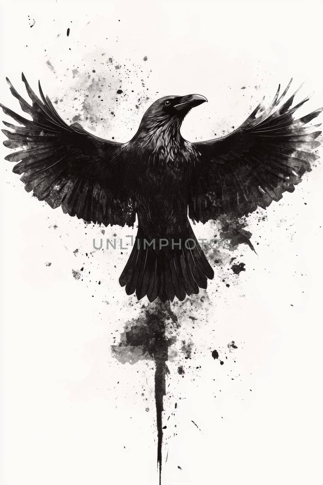 An image of a black crow on a light background. The crow is painted with black watercolor paint or pastel. High quality photo