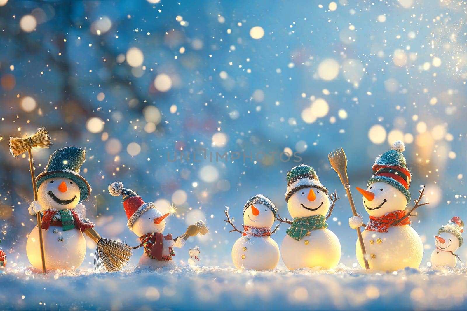 Many snowmen stand on a snowy street in winter against the backdrop of the starry sky. High quality photo