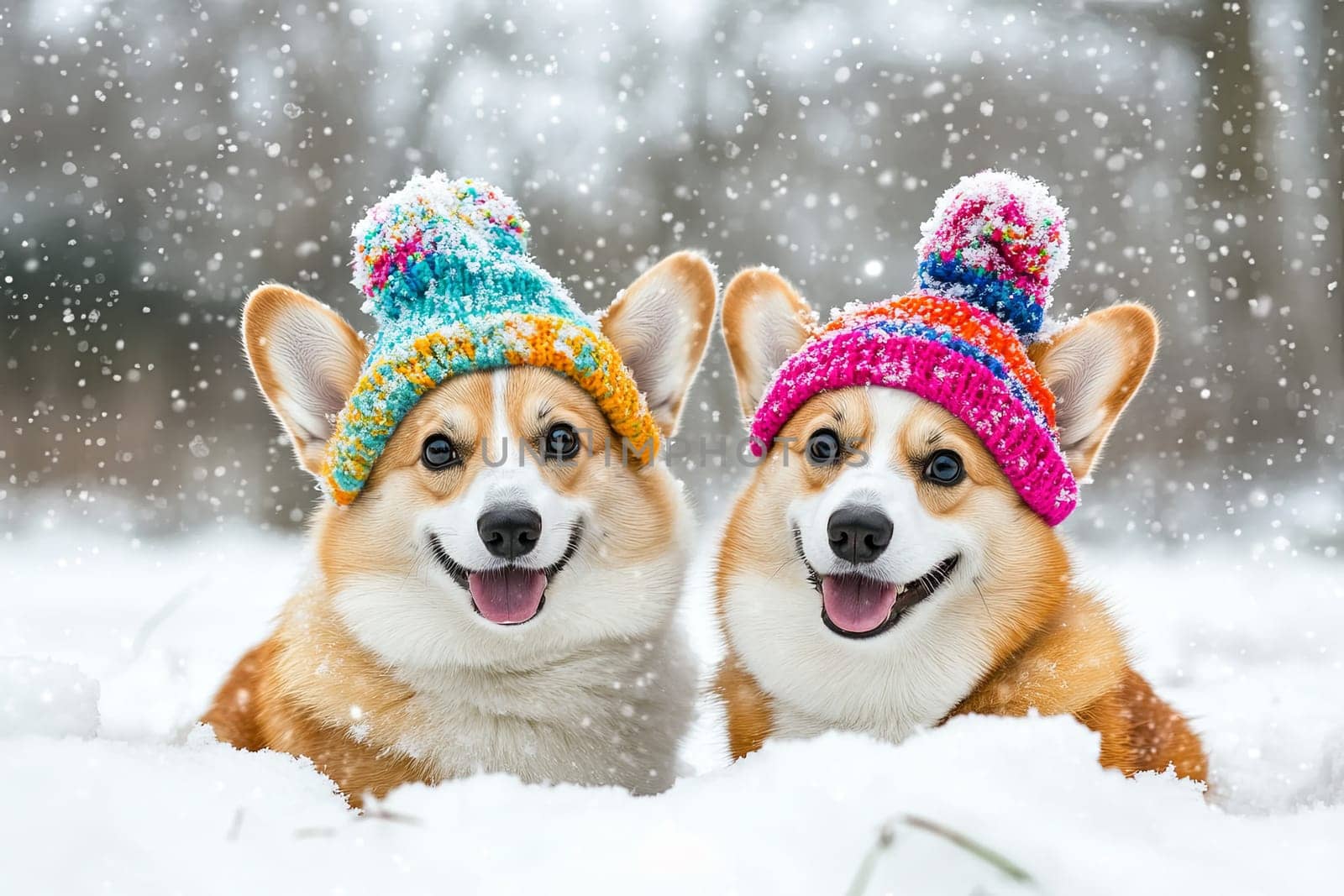 Two cute corgi dogs walk in the snow in the forest in winter wearing knitted hats. High quality photo