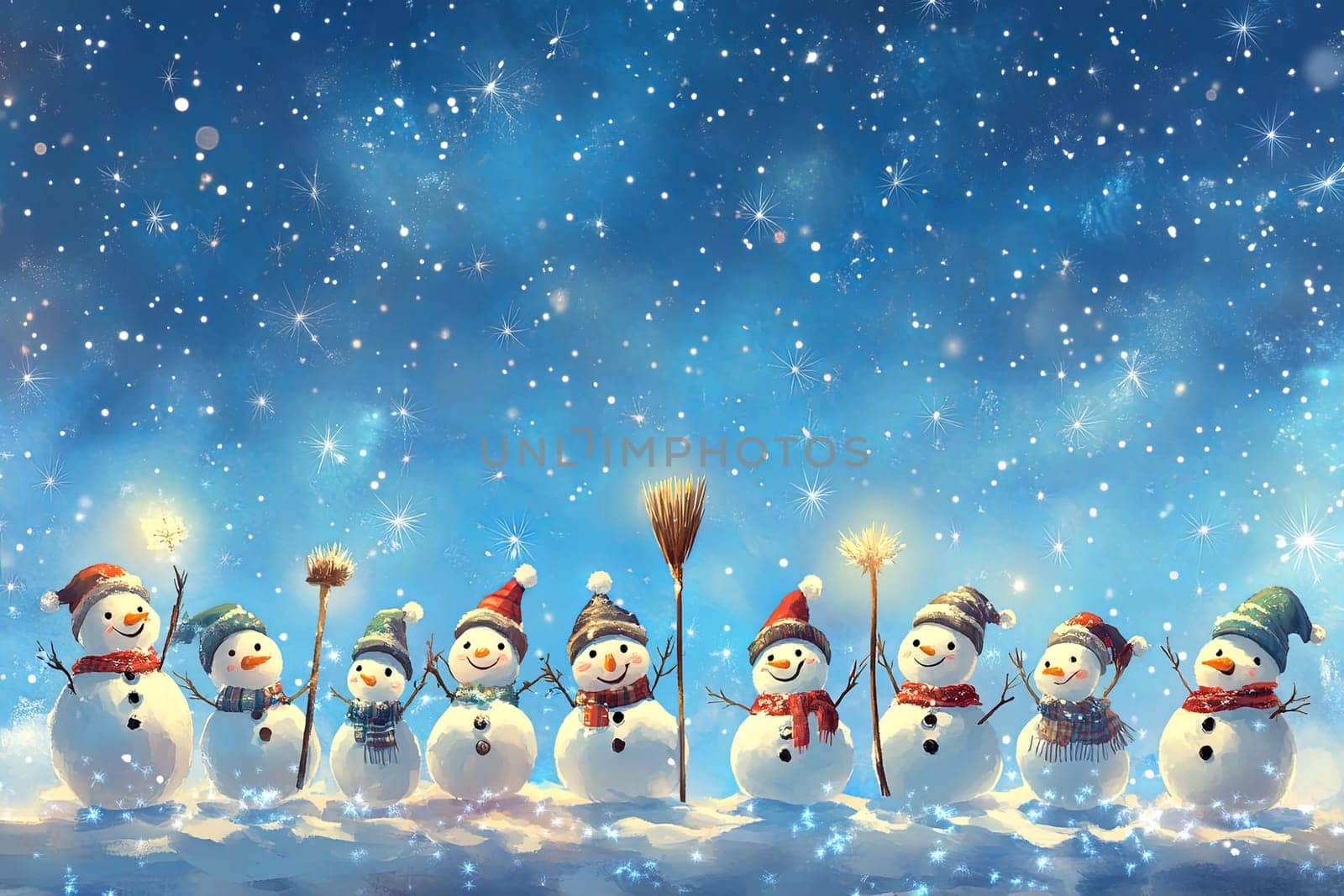 Many snowmen stand on a snowy street in winter against the backdrop of the starry sky. High quality photo