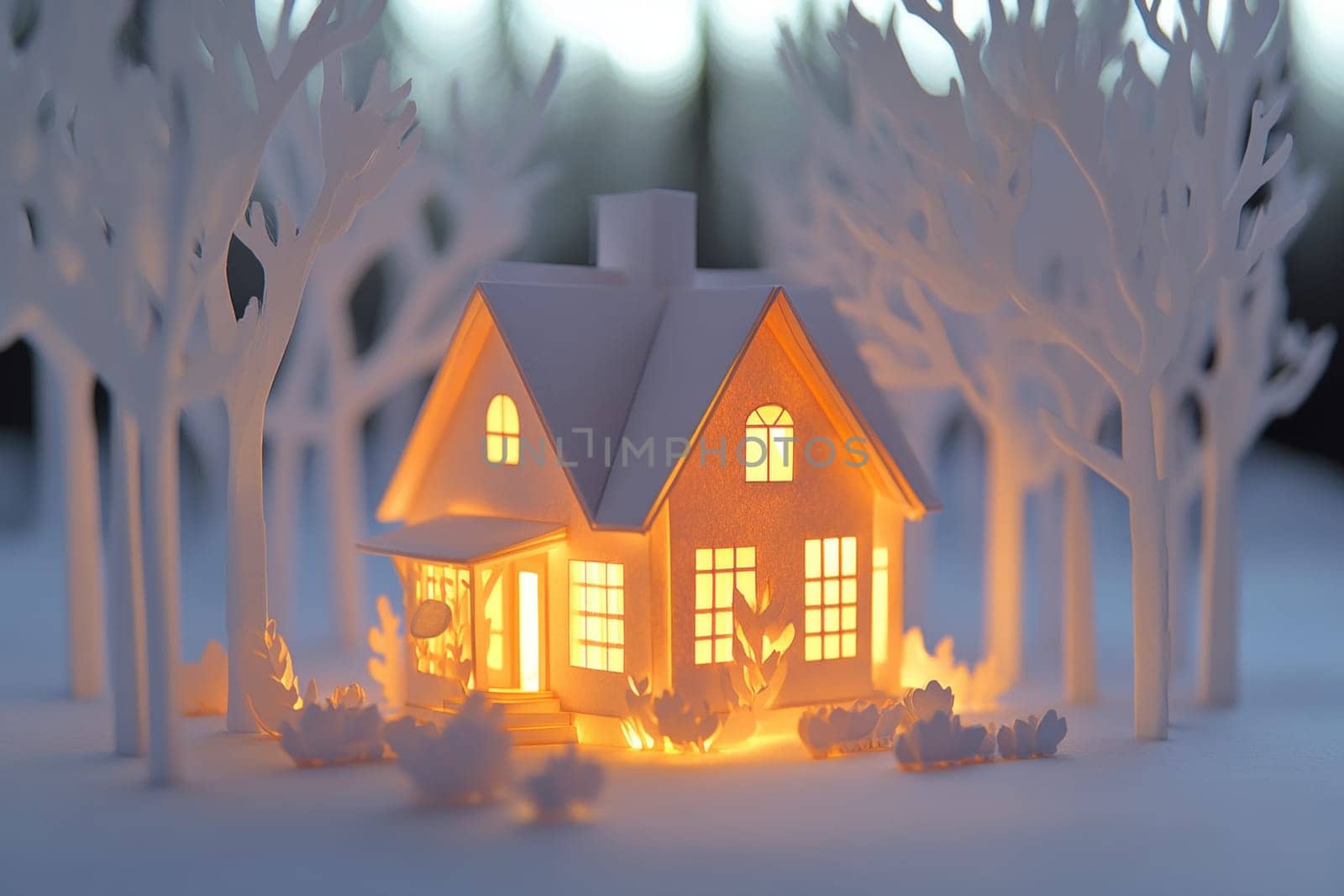 3D model of a small house on the background of a winter forest. High quality photo