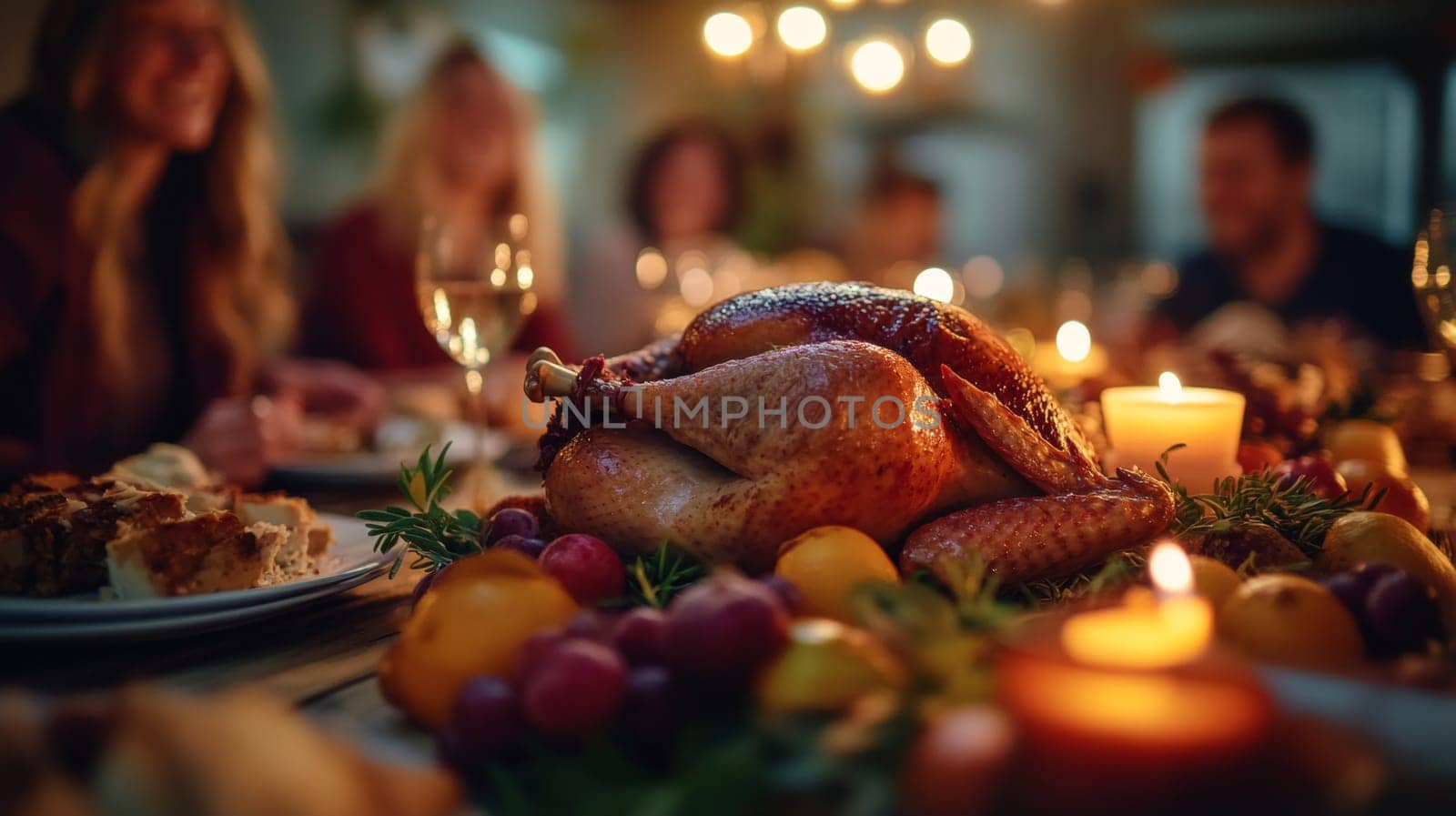 Festive dinner. On the table is a traditional dish - roast turkey. High quality photo