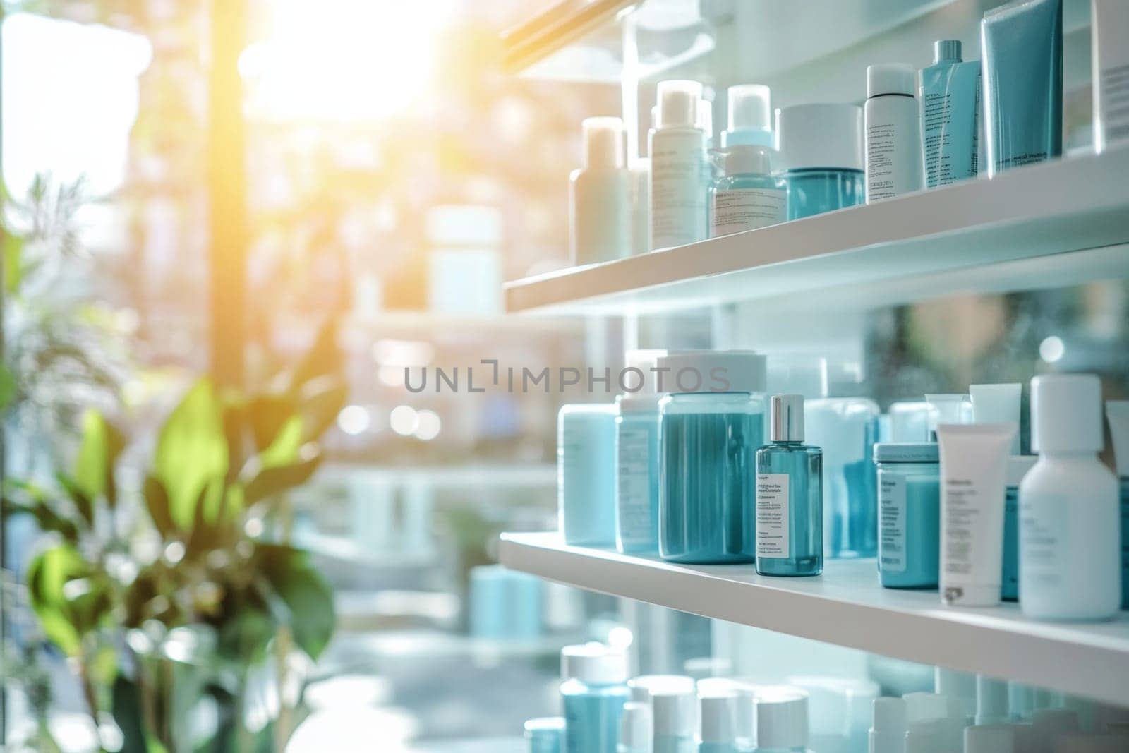 Abstract image of a showcase with medicines, cosmetics in a pharmacy. High quality photo