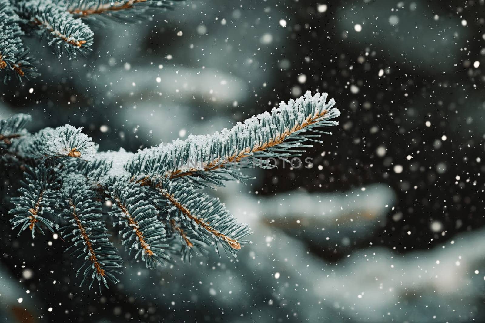 A branch of a coniferous tree covered with snow in a winter forest. High quality photo