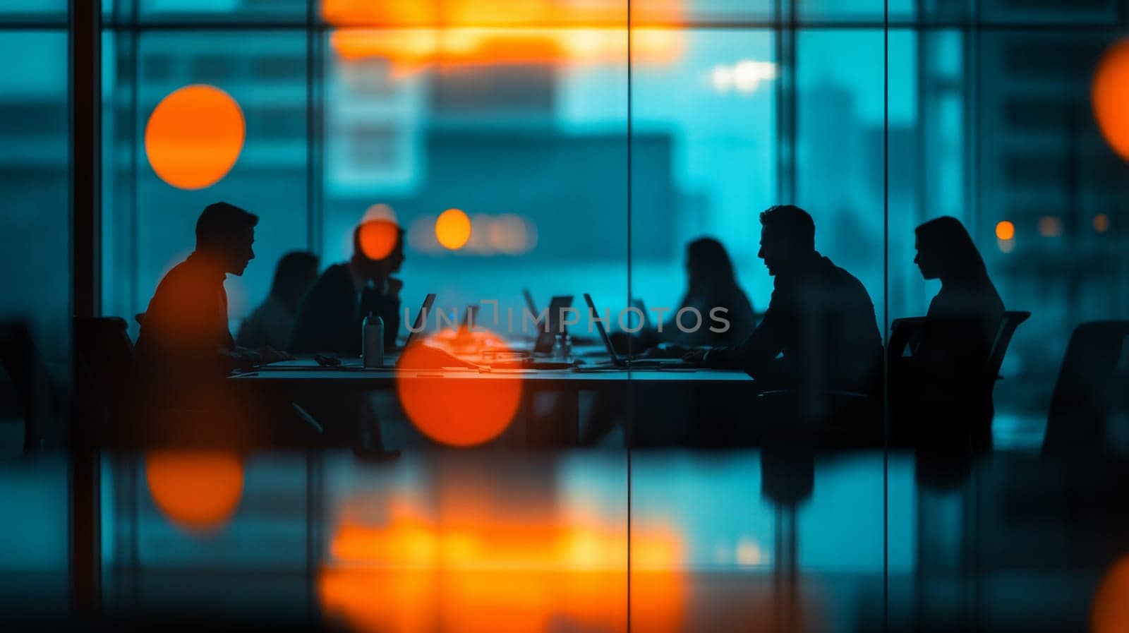The meeting hall is illuminated by the rays of the setting sun. Colleagues are holding a meeting. High quality photo