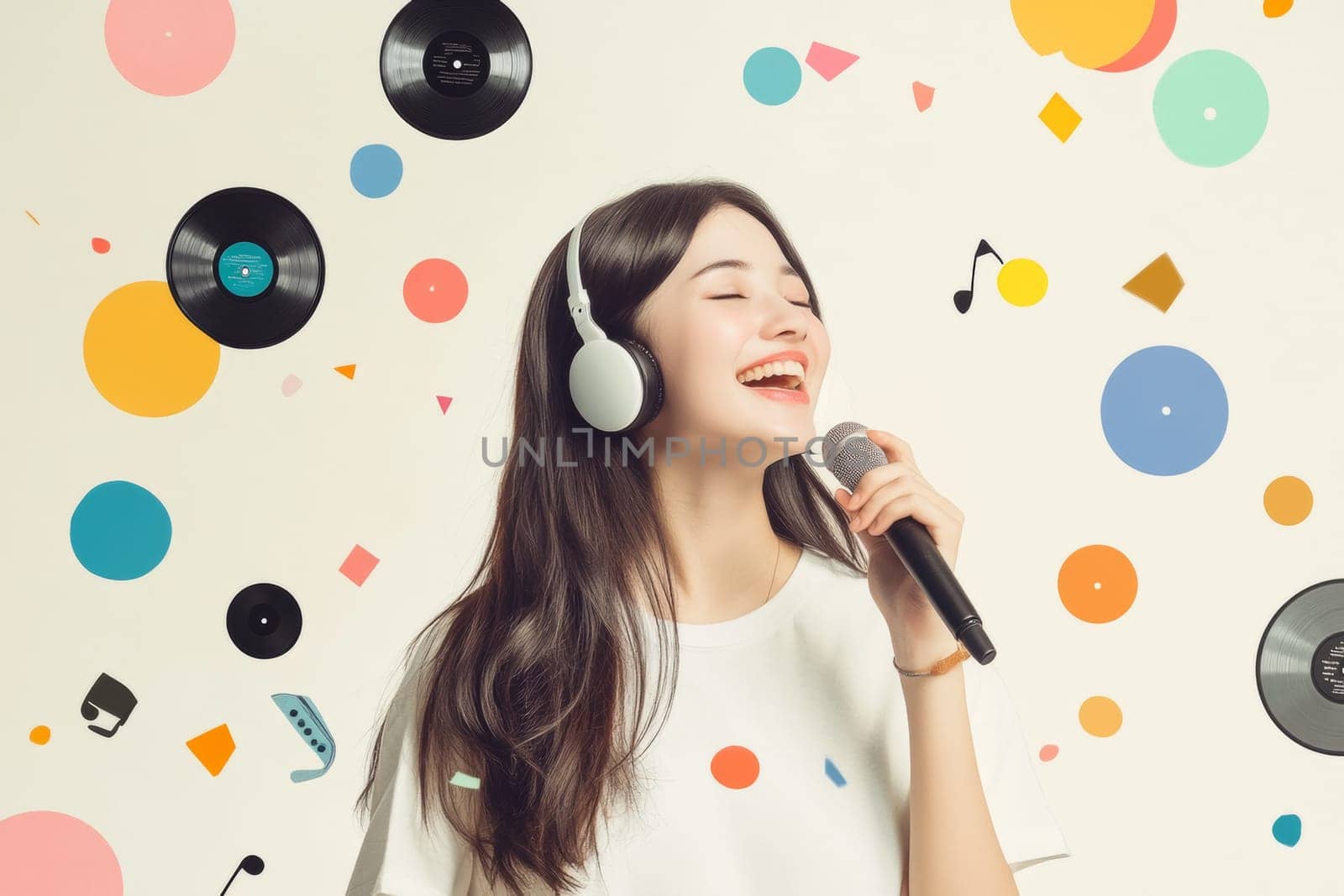 Cute girl listens to her favorite music on headphones and sings. High quality photo