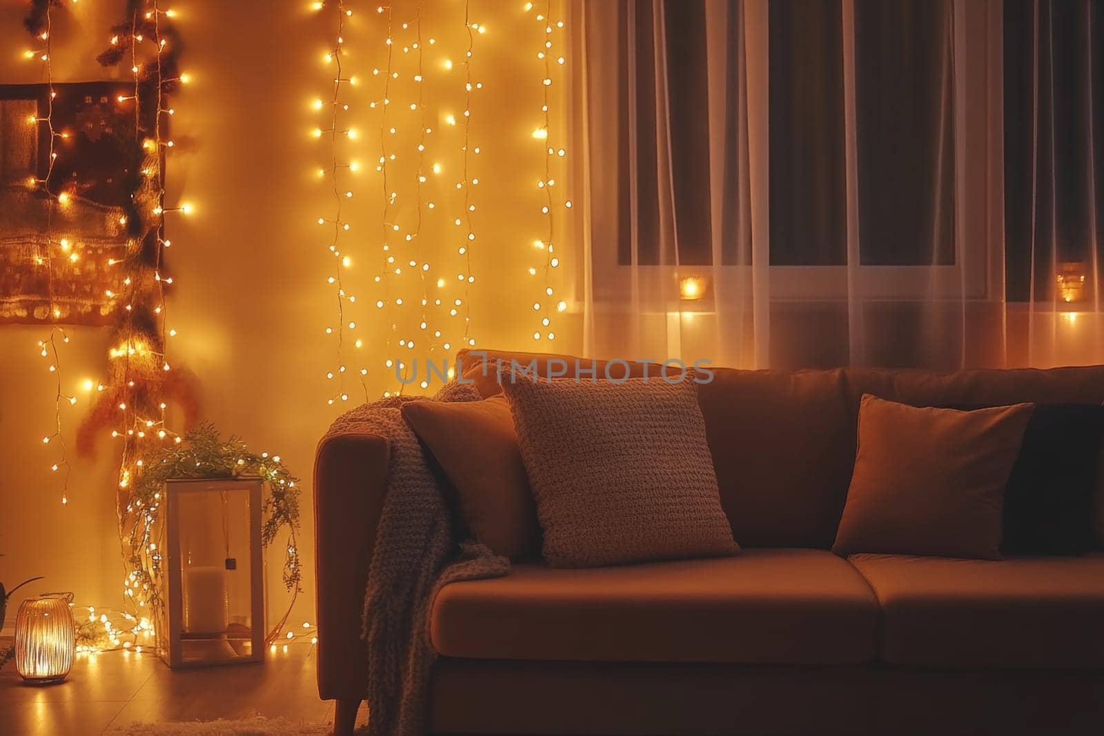 Traditional festive interior of the apartment. Evening light from garlands. High quality photo
