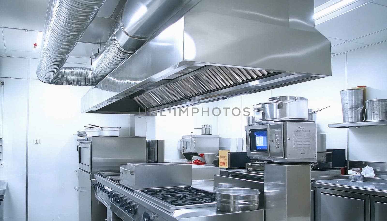 Large industrial kitchen with stainless steel pots on gas stove and exhaust hood in restaurant