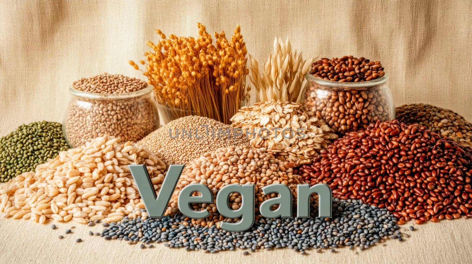 Vegan word written with various seeds, legumes, grains and nuts displayed on table
