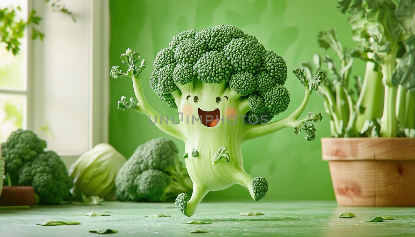 Cute, anthropomorphic broccoli character dancing joyfully in a vibrant garden setting, promoting healthy eating and a cheerful lifestyle