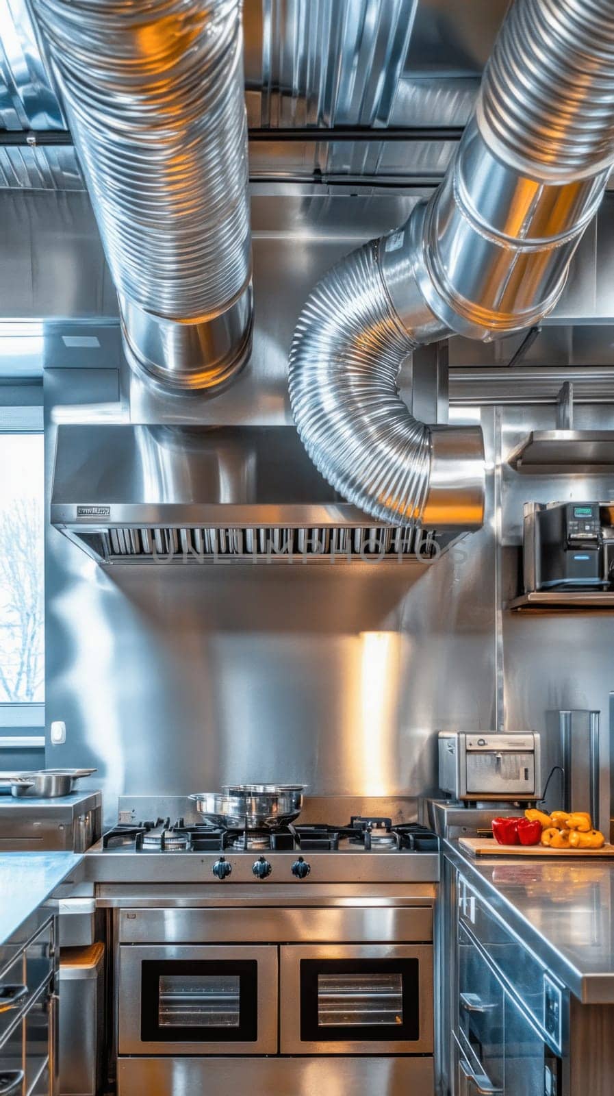 Stainless steel exhaust hood, ventilation pipes, and stove in a modern, professional kitchen ensuring a clean and efficient cooking environment
