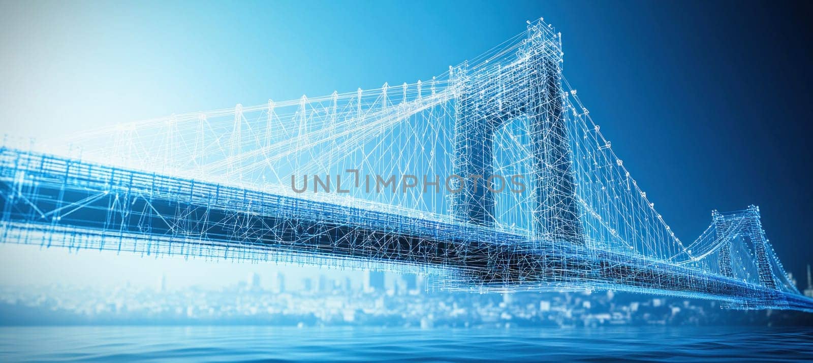Plexus lines forming suspension bridge connecting city in futuristic digital world